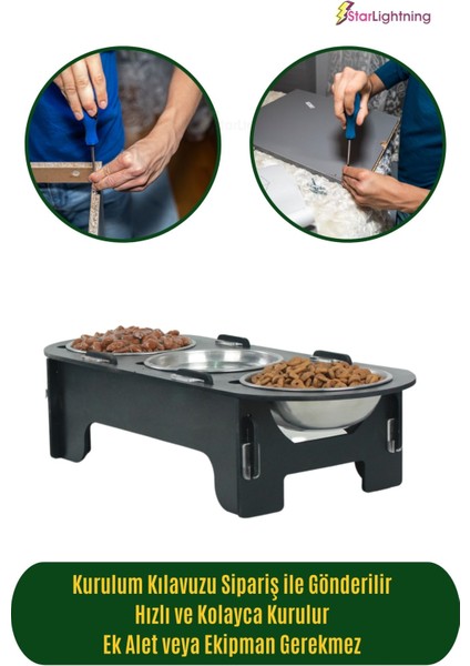 Büyük Ahşap Kedi Mama Kabı Standı Siyah Premium Boyalı Paslanmaz Çelik Kaseli Oval Model