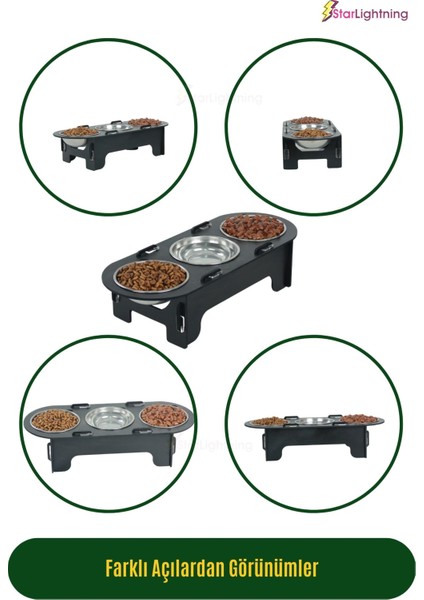 Büyük Ahşap Kedi Mama Kabı Standı Siyah Premium Boyalı Paslanmaz Çelik Kaseli Oval Model