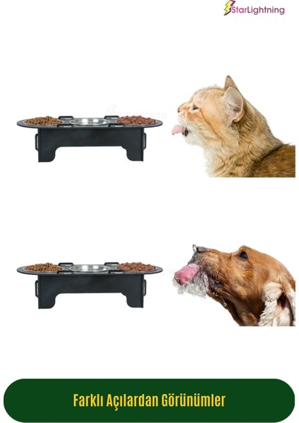Büyük Ahşap Kedi Mama Kabı Standı Siyah Premium Boyalı Paslanmaz Çelik Kaseli Oval Model
