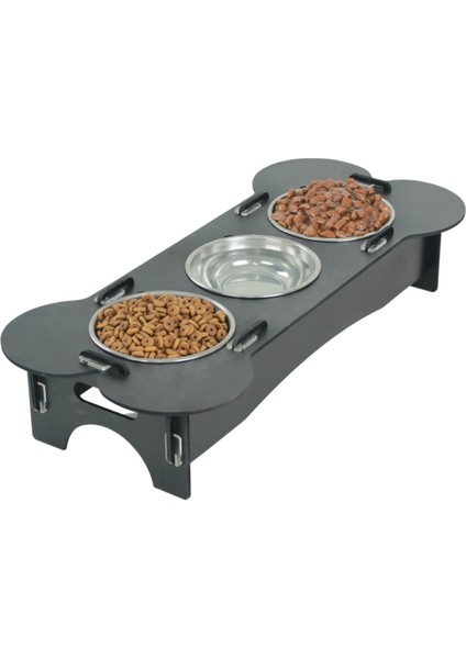 Büyük Ahşap Kedi Mama Kabı Standı Siyah Premium Boyalı Paslanmaz Çelik Kaseli Kemikli Model