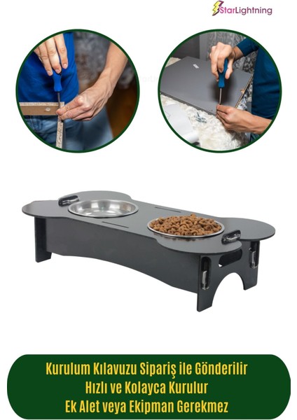 Ahşap Kedi Mama Kabı Standı Siyah Premium Boyalı Paslanmaz Çelik Kaseli Kemikli Model modelleri