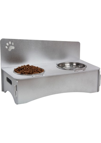 Ahşap Kedi Mama Kabı Standı Gümüş Premium Boyalı Paslanmaz Çelik Kaseli Patili Model