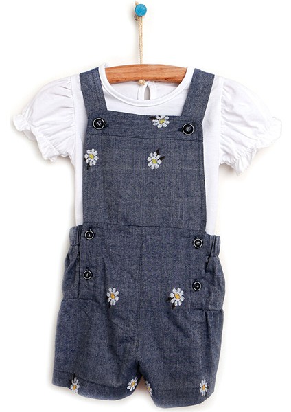 HelloBaby Basic Kız Bebek Papatyalı Denim Salopet-Tshirt Takım