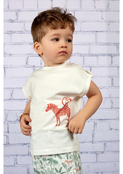 Erkek Çocuk Ekru Zebra Desenli T-Shirt