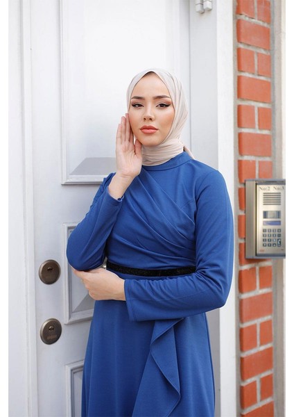 Eteği Fırfırlı Kadın Abiye Elbise BRC1109 Indigo