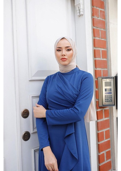 Eteği Fırfırlı Kadın Abiye Elbise BRC1109 Indigo