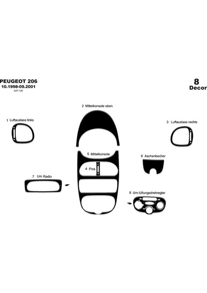 Meriç® Peugeot 206 Ön Torpido Kaplama Maun 8 Parça 1998-2001