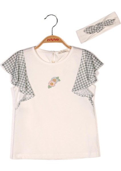 Kız Çocuk Ekru Kolları Volan Detaylı T-Shirt