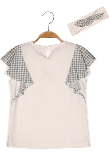 Kız Çocuk Ekru Kolları Volan Detaylı T-Shirt