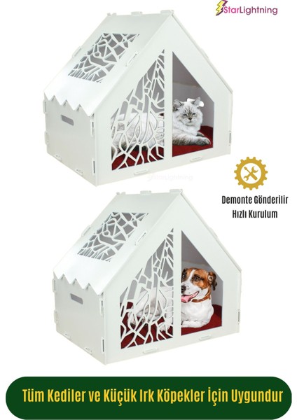 Ahşap Büyük Kedi Yatağı Premium Kalite Beyaz Kedi Evi 50X35 cm Parlak Boyalı Seperatör Model