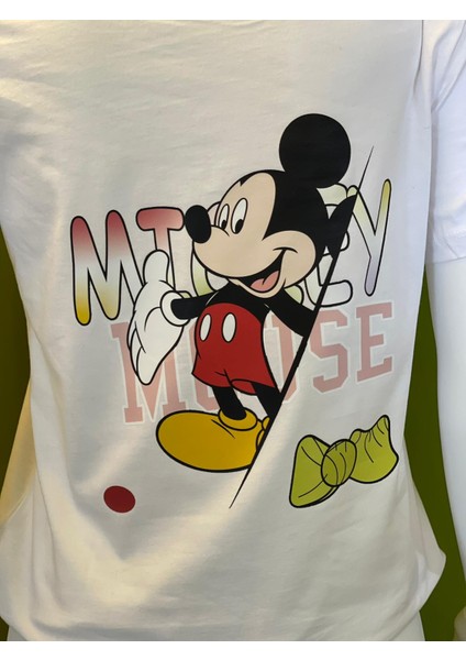 Pamuk Basik Bisiklet Yaka Örme Mickey Mause Minny Mause T-Shirt