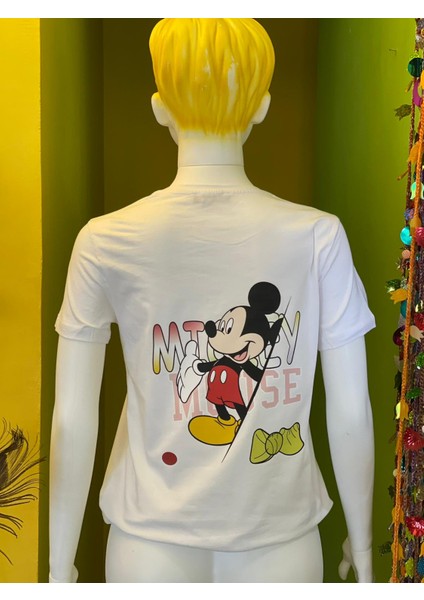 Pamuk Basik Bisiklet Yaka Örme Mickey Mause Minny Mause T-Shirt fiyatları