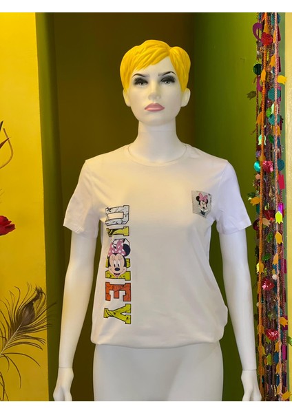 Pamuk Basik Bisiklet Yaka Örme Mickey Mause Minny Mause T-Shirt indirimleri