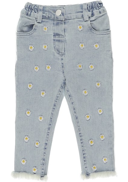 Kız Bebek Papatya Nakışlı Denim Pantolon