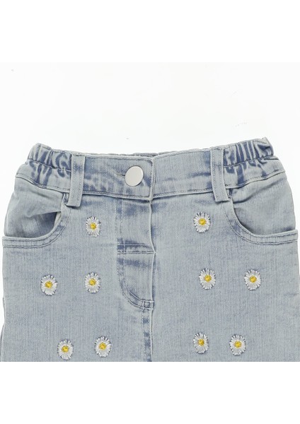 Kız Bebek Papatya Nakışlı Denim Pantolon