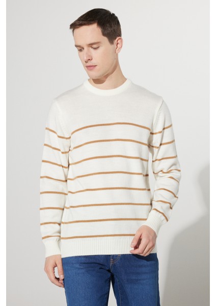 Erkek Ekru-karamel Standart Fit Normal Kesim Bisiklet Yaka Çizgili Triko Kazak