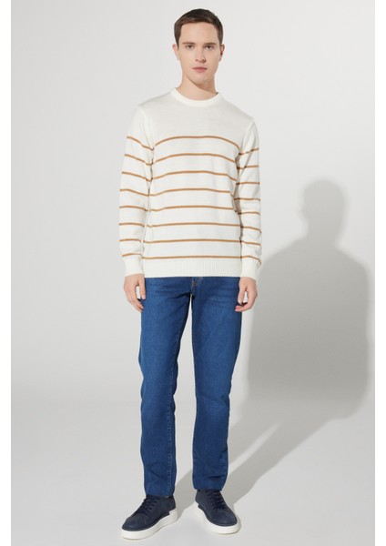 Erkek Ekru-karamel Standart Fit Normal Kesim Bisiklet Yaka Çizgili Triko Kazak fiyatları