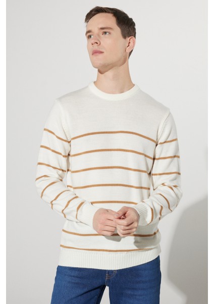 Erkek Ekru-karamel Standart Fit Normal Kesim Bisiklet Yaka Çizgili Triko Kazak modelleri