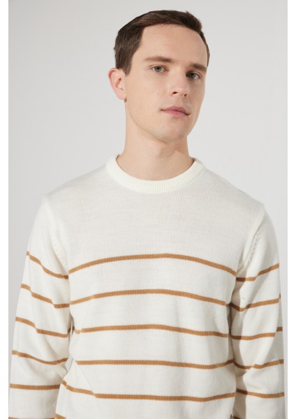 Erkek Ekru-karamel Standart Fit Normal Kesim Bisiklet Yaka Çizgili Triko Kazak fırsatları