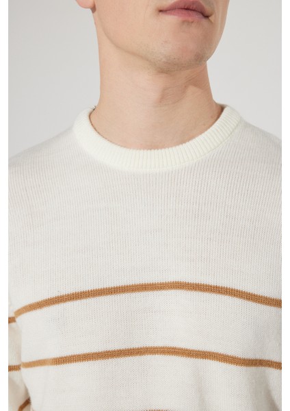 Erkek Ekru-karamel Standart Fit Normal Kesim Bisiklet Yaka Çizgili Triko Kazak indirimleri