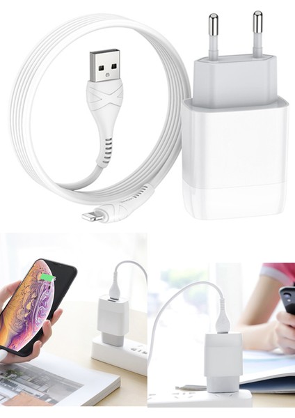 Mini Dual 2 Portlu USB Girişli Iphone-Ipad Uyumlu Hızlı Şarj Aleti Adaptörü Başlık +Lightning Kablo