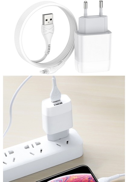 Mini Dual 2 Portlu USB Girişli Iphone-Ipad Uyumlu Hızlı Şarj Aleti Adaptörü Başlık +Lightning Kablo