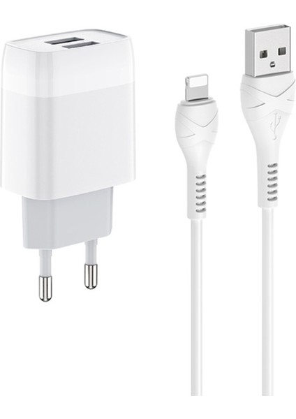 Mini Dual 2 Portlu USB Girişli Iphone-Ipad Uyumlu Hızlı Şarj Aleti Adaptörü Başlık +Lightning Kablo