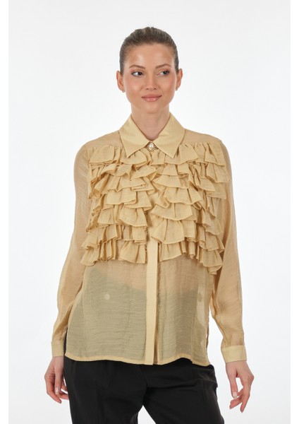 Minimalist Fırfırlı Gömlek Yaka Uzun Kol Kadın Bluz