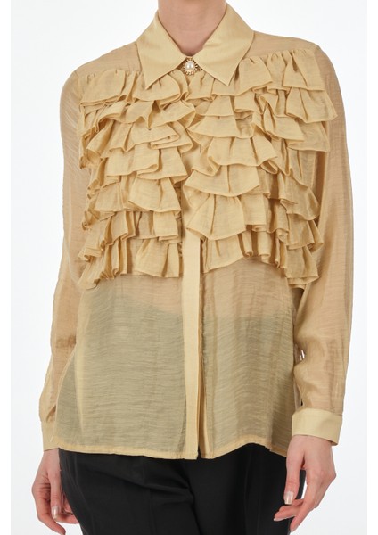 Minimalist Fırfırlı Gömlek Yaka Uzun Kol Kadın Bluz fiyatları