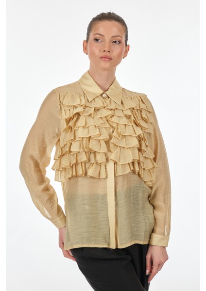 Minimalist Fırfırlı Gömlek Yaka Uzun Kol Kadın Bluz modelleri