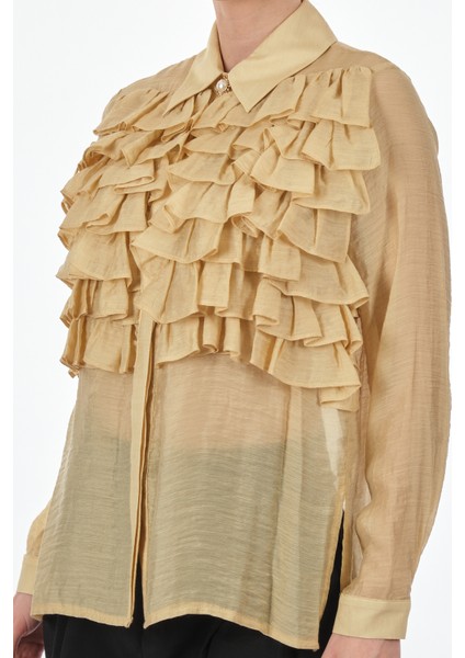 Minimalist Fırfırlı Gömlek Yaka Uzun Kol Kadın Bluz fırsatları