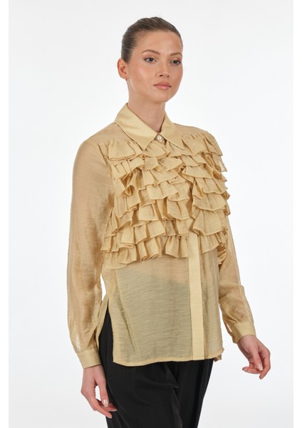 Minimalist Fırfırlı Gömlek Yaka Uzun Kol Kadın Bluz indirimleri