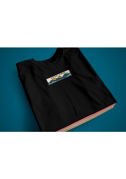 'good Vibes' Oversize Transfer Baskı Siyah Beyaz Unisex T Shirt
