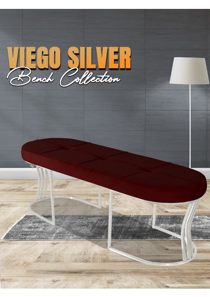 Viego Silver Exclusive Bench Lüks Metal Gümüş Ayak, Chester Model Yatak Ucu Bordo Puf