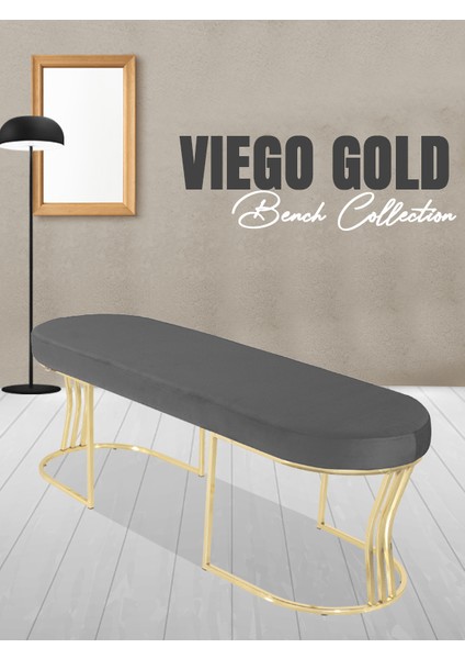 Viego Gold Smooth Bench Lüks Metal Gold Ayak, Chester Model Yatak Ucu Gri Puf