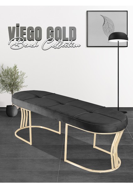 Viego Gold Exclusive Bench Lüks Metal Gold Ayak, Chester Model Yatak Ucu Antrasit Puf