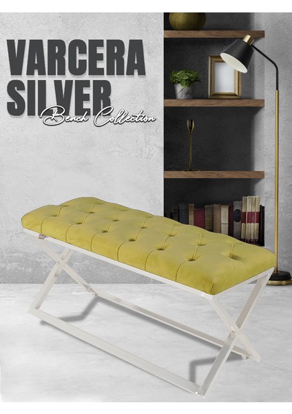 Varcera Silver Bench Çapraz Metal Ayaklı Kapitoneli Model Hardal Puf