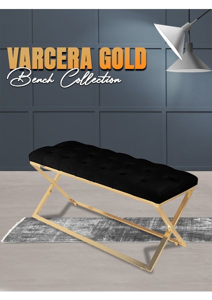 Varcera Gold Bench Çapraz Metal Ayaklı Kapitoneli Model Siyah Puf