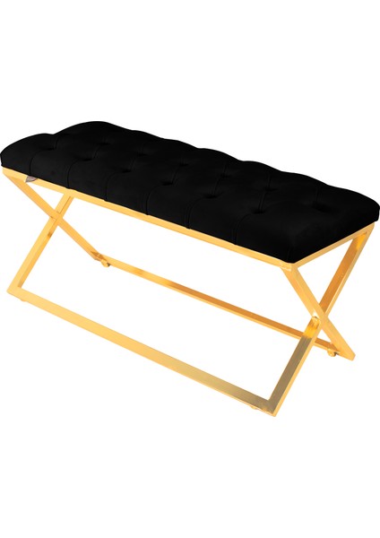 Varcera Gold Bench Çapraz Metal Ayaklı Kapitoneli Model Siyah Puf