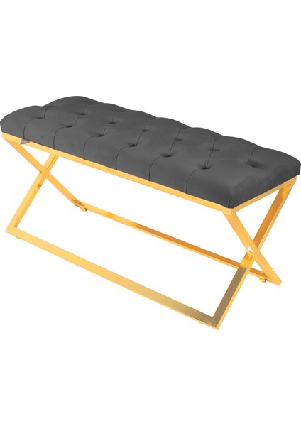 Gazzini Furniture Varcera Gold Bench Çapraz Metal Ayaklı Kapitoneli Model Gri Puf