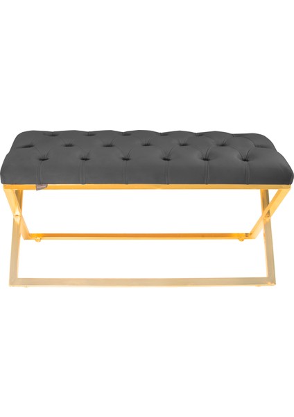 Gazzini Furniture Varcera Gold Bench Çapraz Metal Ayaklı Kapitoneli Model Gri Puf