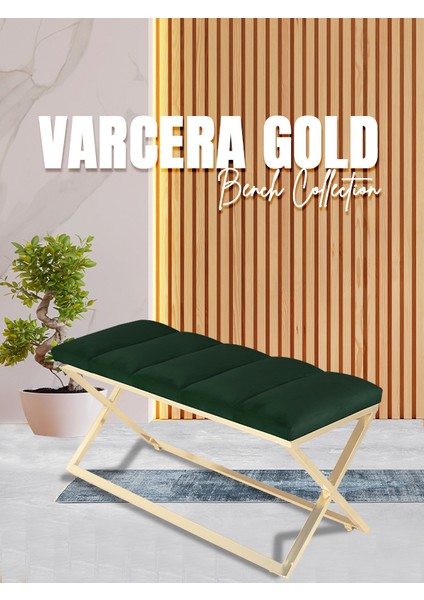 Varcera Gold Sliced Bench Çapraz Metal Ayaklı Dilimli Model Yeşil Puf