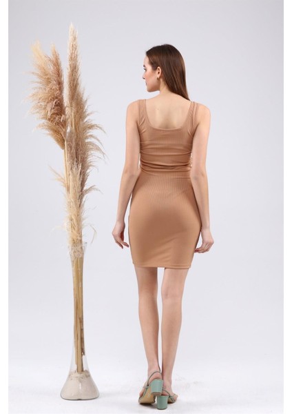 Fancy Kadın Kare Yaka Vücuda Oturan Fitilli Mini Elbise