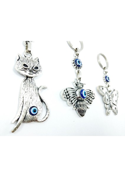 Metal Nazar Boncuklu Kedi-Arı-Kelebek Anahtarlık Üçlü Set Hediyelik Eşya fiyatları