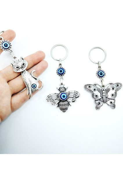 Metal Nazar Boncuklu Kedi-Arı-Kelebek Anahtarlık Üçlü Set Hediyelik Eşya fırsatları