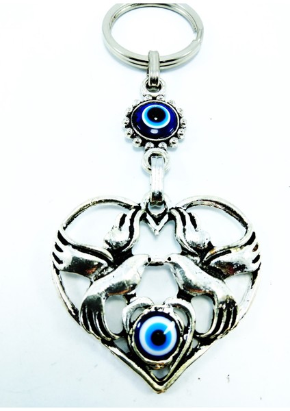 Metal Kuşlu Kalp Nazar Boncuğu Anahtarlık Hediyelik Aksesuar