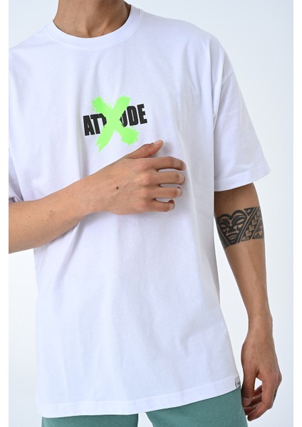 Beyaz Bisiklet Yaka Ön Arka Baskılı Oversize Kalıp Unisex T-Shirt