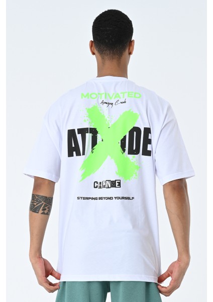 Beyaz Bisiklet Yaka Ön Arka Baskılı Oversize Kalıp Unisex T-Shirt fiyatları