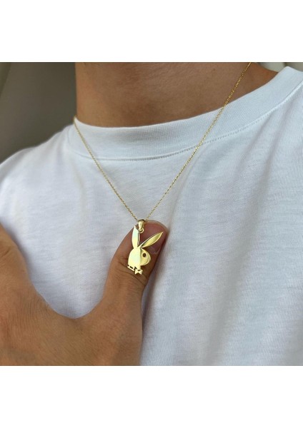 Erkek Playboy Kolye 925 Ayar Gümüş Sari Renk Beyaz,roze Renk Seçeneği