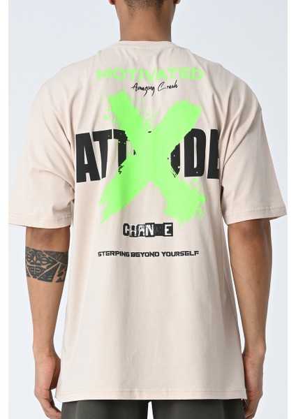Bej Bisiklet Yaka Ön Arka Baskılı Oversize Kalıp Unisex T-Shirt fiyatları